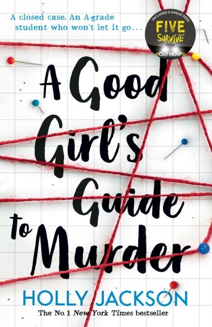 a good girls guide to murder. White cover with red string criss-crossing over